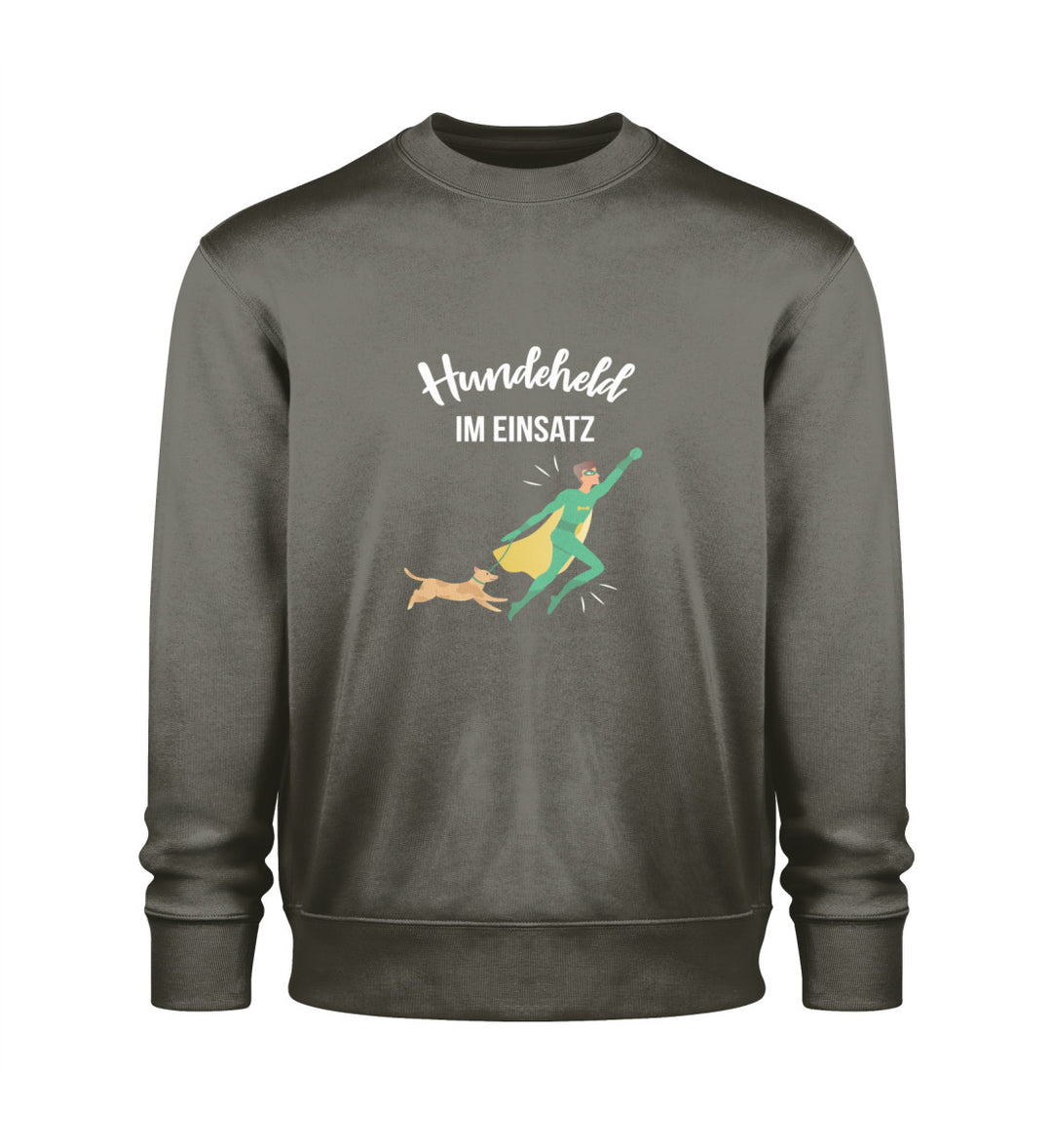 Herren Sweatshirt vegan aus Bio-Baumwolle in Khaki mit herzlichem Hundeheld im Einsatz-Design