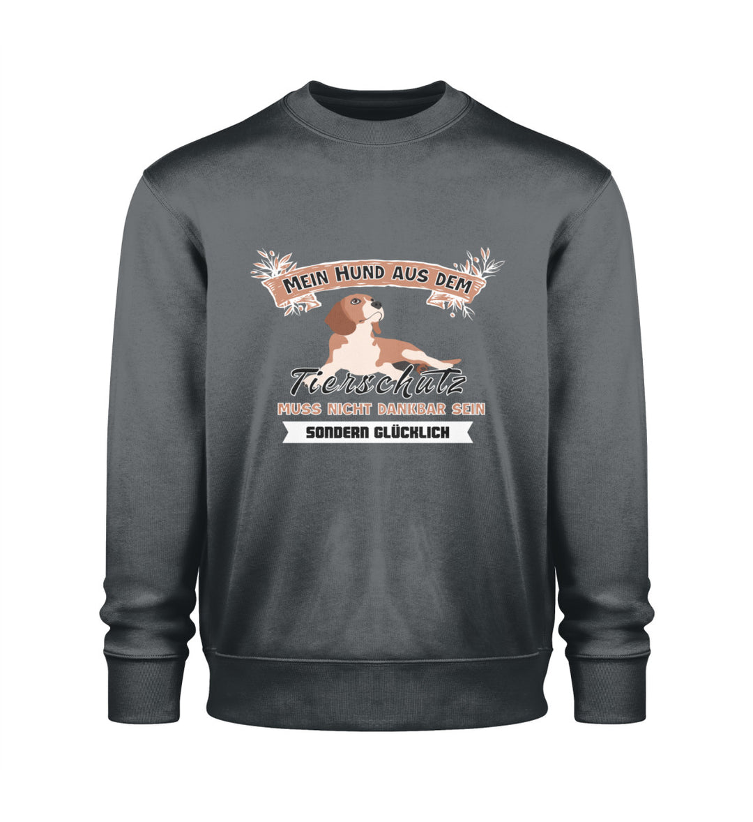 Indigo graues Sweatshirt aus Bio-Baumwolle für Herren – Mein Hund aus dem Tierschutz-Design als Statement für Tierschutz und vegane Kleidung
