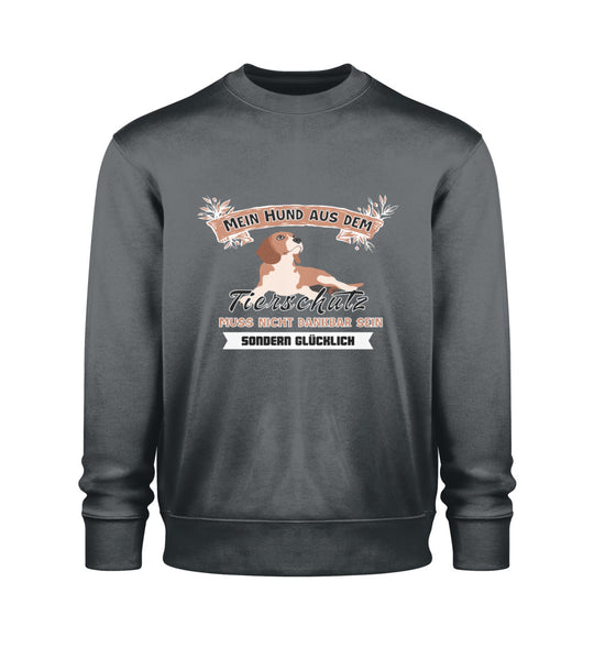 Indigo graues Sweatshirt aus Bio-Baumwolle für Herren – Mein Hund aus dem Tierschutz-Design als Statement für Tierschutz und vegane Kleidung