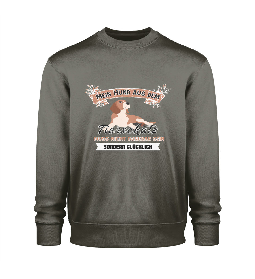 Veganes Herren-Sweatshirt in Khaki mit Mein Hund aus dem Tierschutz-Motiv – aus Bio-Baumwolle für nachhaltige Mode