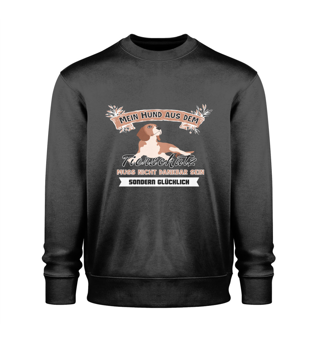 Schwarzes Herren-Sweatshirt aus Bio-Baumwolle mit Mein Hund aus dem Tierschutz-Design – vegane Kleidung für Tierschützer