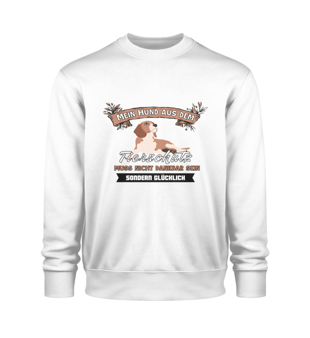 Veganes Herren-Sweatshirt in Weiß mit Bio-Baumwolle und Mein Hund aus dem Tierschutz-Print – ideal für Tierschützer