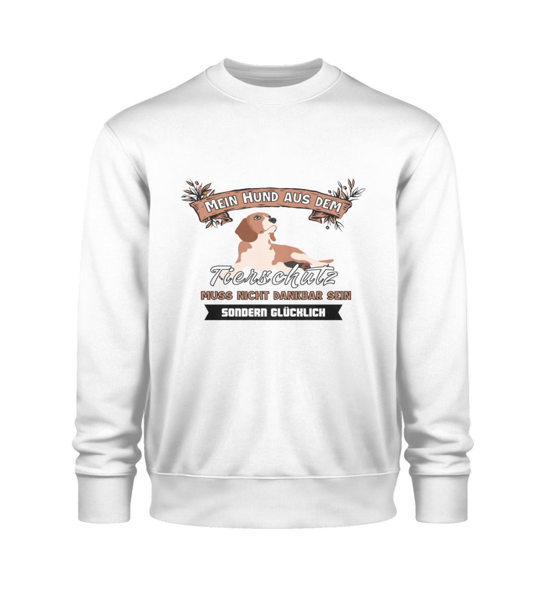 Veganes Herren-Sweatshirt in Weiß mit Bio-Baumwolle und Mein Hund aus dem Tierschutz-Print – ideal für Tierschützer