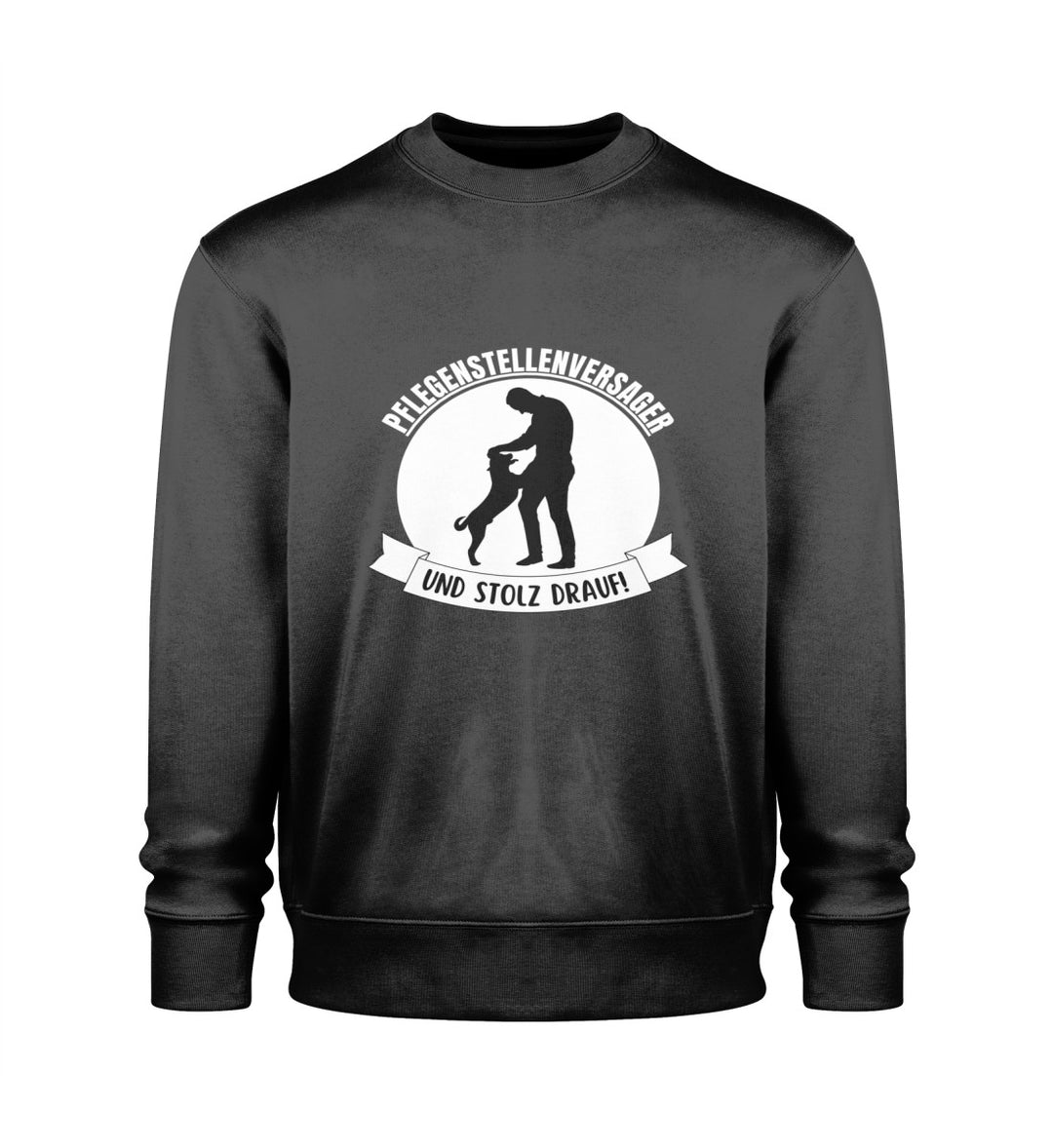 Schwarzes Herren-Sweatshirt aus veganer Bio-Baumwolle mit stolz getragenem Pflegestellenversager-Design