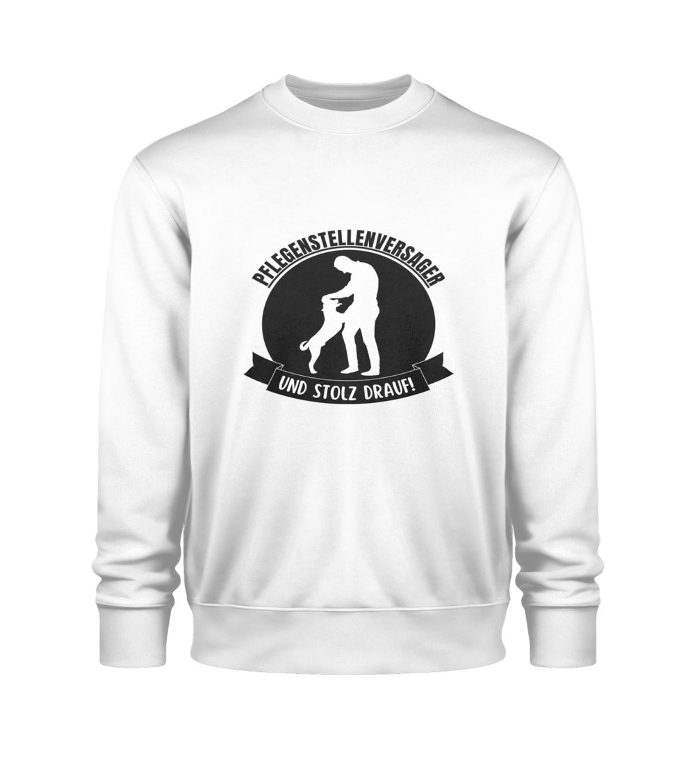 Weißes Herren-Sweatshirt aus veganer Bio-Baumwolle mit liebevollem Pflegestellenversager und stolz drauf-Design