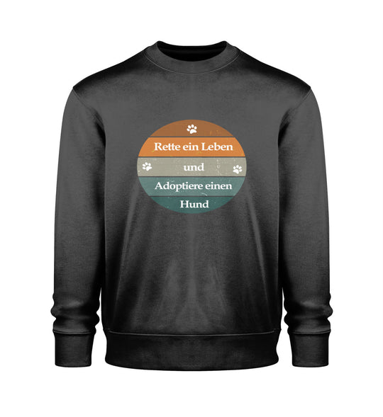 Schwarzes Herren-Sweatshirt aus veganer Bio-Baumwolle mit Rette ein Leben und Adoptiere einen Hund-Design