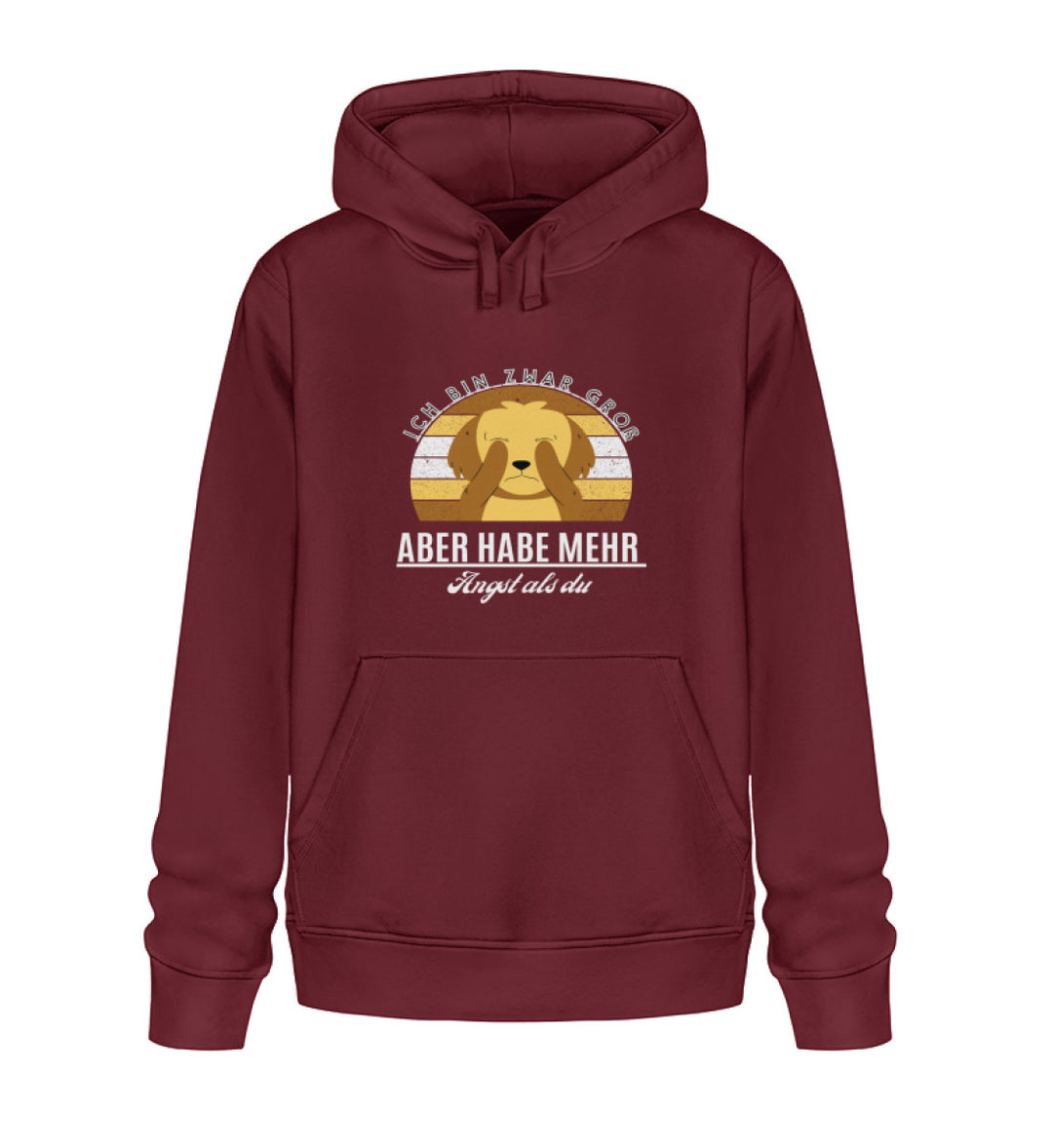 Nachhaltiger Damen-Hoodie in Burgunderrot, Design 2 mit dem Tierschutz-Statement Ich bin zwar groß, aber habe mehr Angst als du. Hergestellt aus Bio-Baumwolle, ist dieser Hoodie eine perfekte Kombination aus Stil, Komfort und Umweltbewusstsein