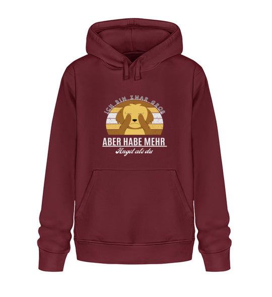 Nachhaltiger Damen-Hoodie in Burgunderrot, Design 2 mit dem Tierschutz-Statement Ich bin zwar groß, aber habe mehr Angst als du. Hergestellt aus Bio-Baumwolle, ist dieser Hoodie eine perfekte Kombination aus Stil, Komfort und Umweltbewusstsein