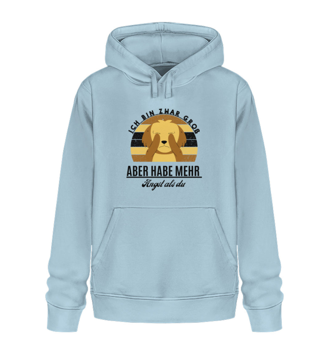 Bio-Baumwoll-Hoodie für Damen in Hellblau, Design 2, vegan und fair produziert, mit dem Spruch Ich bin zwar groß, aber habe mehr Angst als du. Ein Hoodie, der nicht nur durch seine Botschaft überzeugt, sondern auch durch seinen nachhaltigen und fairen Produktionsprozess
