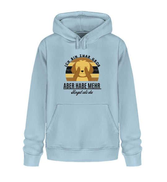 Bio-Baumwoll-Hoodie für Damen in Hellblau, Design 2, vegan und fair produziert, mit dem Spruch Ich bin zwar groß, aber habe mehr Angst als du. Ein Hoodie, der nicht nur durch seine Botschaft überzeugt, sondern auch durch seinen nachhaltigen und fairen Produktionsprozess