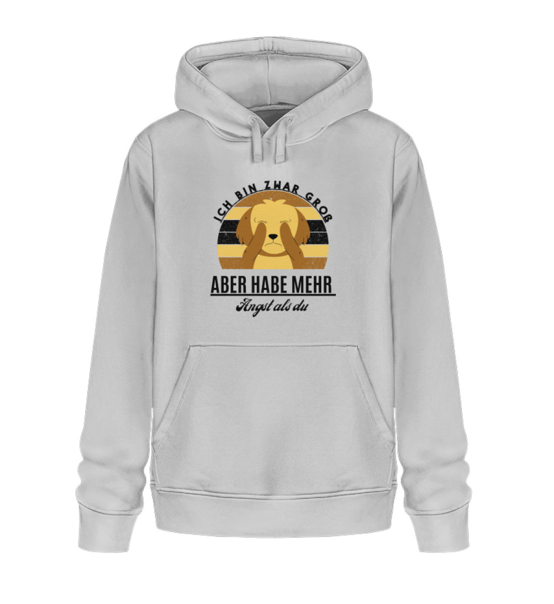 Hellgrauer Damen-Hoodie aus Bio-Baumwolle, Design 2 für Tierfreunde, mit dem Tierschutz-Spruch Ich bin zwar groß, aber habe mehr Angst als du. Dieser Hoodie verbindet Stil und Umweltbewusstsein und setzt gleichzeitig ein starkes Statement für den Tierschutz