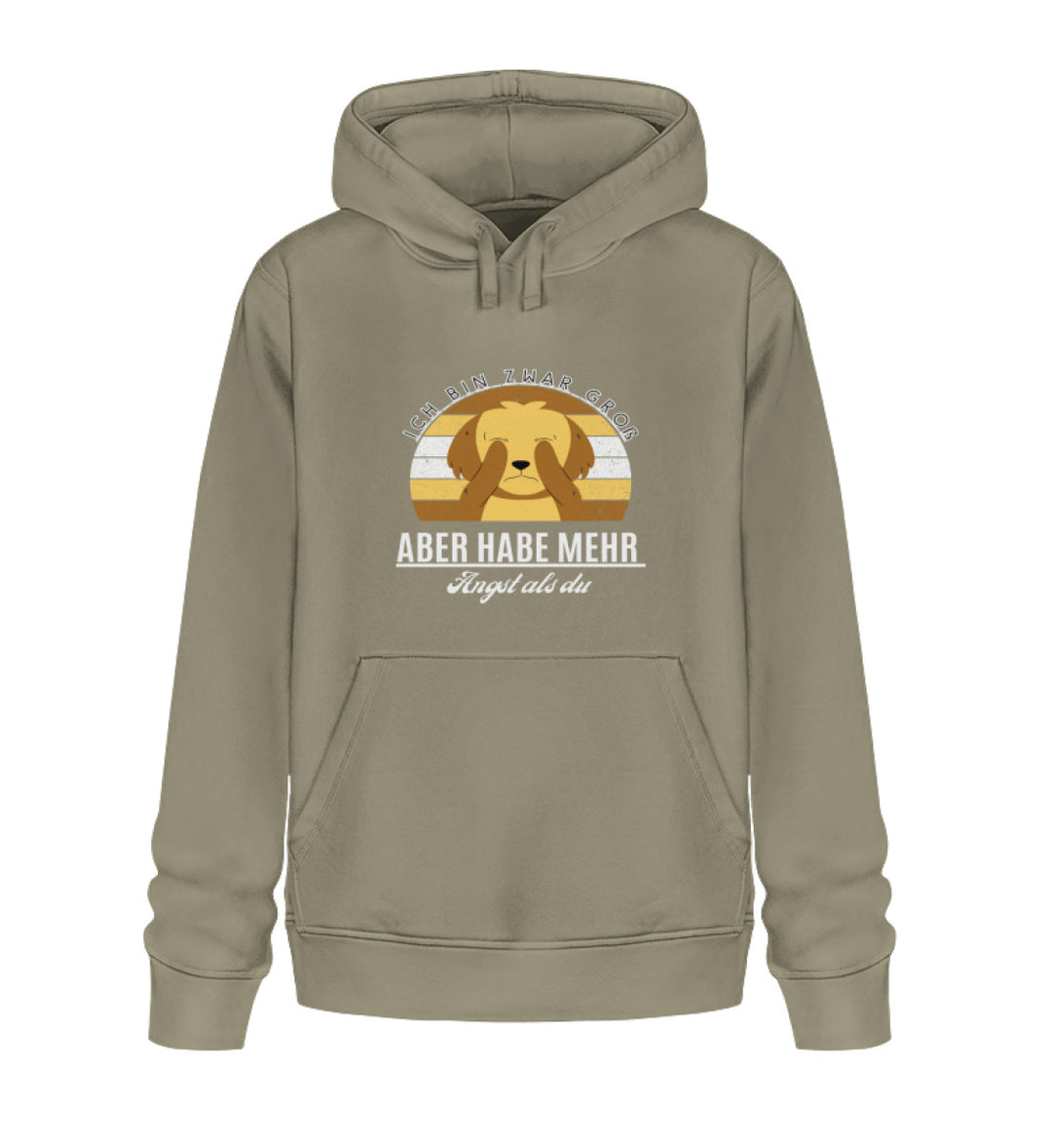 Khaki Hoodie für Damen aus Bio-Baumwolle, Design 2 mit dem Tierschutz-Spruch Ich bin zwar groß, aber habe mehr Angst als du. Ein umweltfreundlicher und veganer Hoodie, der nicht nur gut aussieht, sondern auch eine wichtige Botschaft über den Tierschutz verbreitet