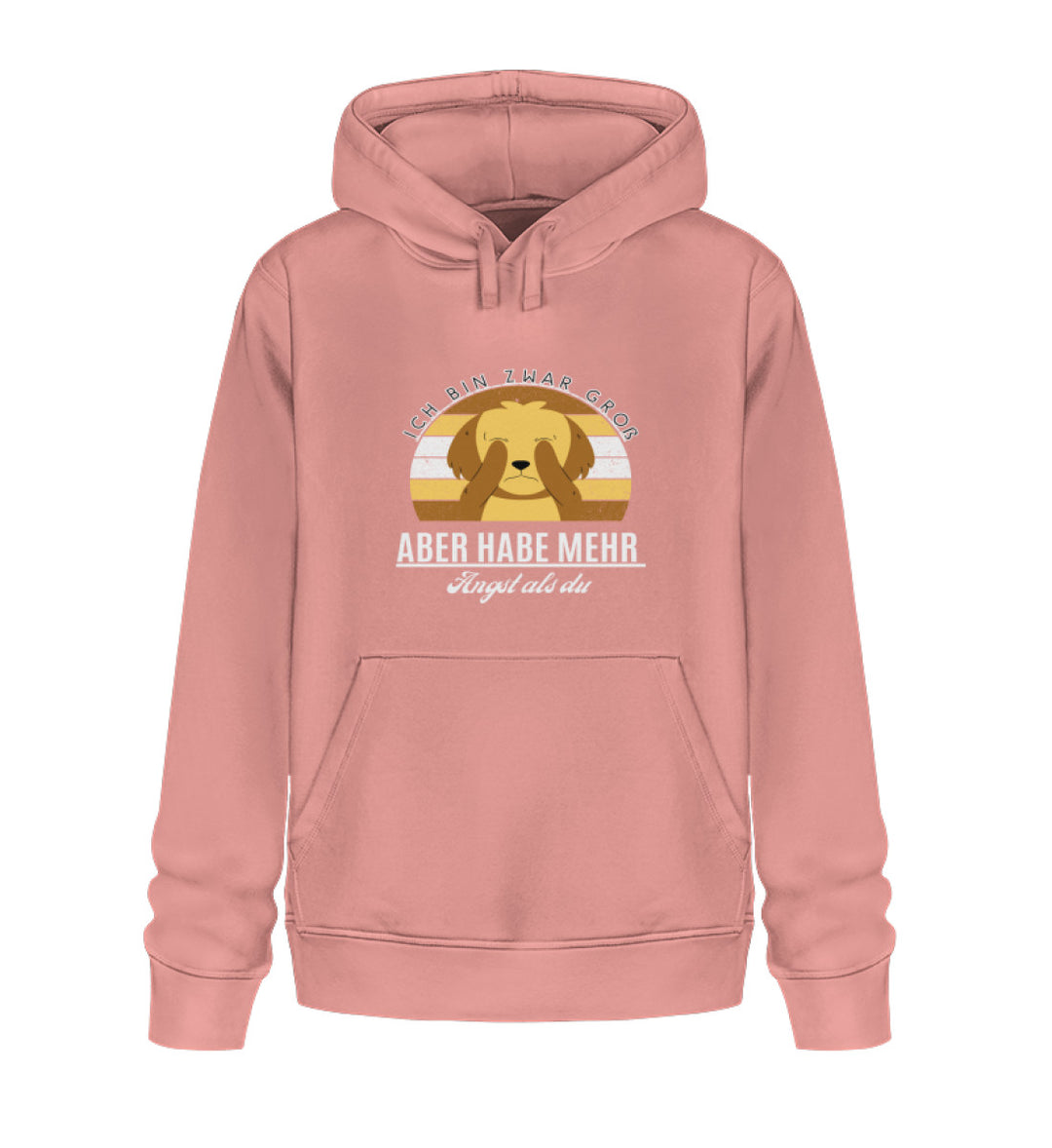Vegane Mode für Tierfreunde, Design 2: Rosa Damen-Hoodie aus Bio-Baumwolle mit dem Spruch Ich bin zwar groß, aber habe mehr Angst als du. Ein idealer Hoodie für alle, die ihre Liebe zu Tieren zeigen und gleichzeitig die Umwelt schonen möchten