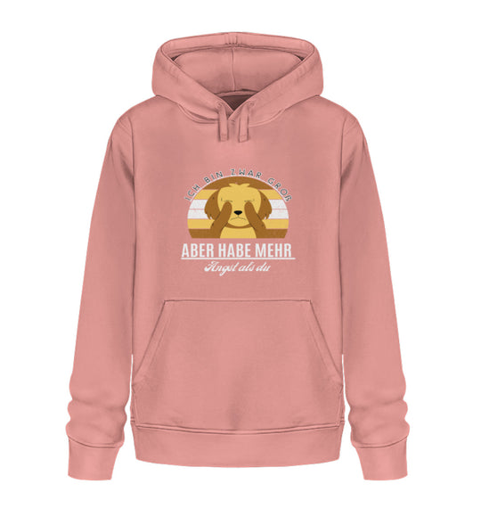 Vegane Mode für Tierfreunde, Design 2: Rosa Damen-Hoodie aus Bio-Baumwolle mit dem Spruch Ich bin zwar groß, aber habe mehr Angst als du. Ein idealer Hoodie für alle, die ihre Liebe zu Tieren zeigen und gleichzeitig die Umwelt schonen möchten