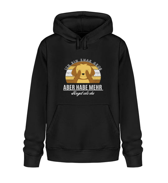 Schwarzer Tierschutz-Hoodie für Damen, Design 2 aus Bio-Baumwolle mit dem Spruch Ich bin zwar groß, aber habe mehr Angst als du. Dieser Hoodie ist nicht nur vegan und nachhaltig, sondern auch ein starkes Statement für den Tierschutz
