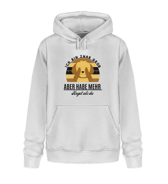 Veganer weißer Hoodie aus Bio-Baumwolle, Design 2, ideal für Damen, die Tierschutz lieben – mit dem Spruch Ich bin zwar groß, aber habe mehr Angst als du. Ein stilvolles und nachhaltiges Kleidungsstück, das nicht nur für deinen persönlichen Look, sondern auch für den Schutz von Tieren spricht