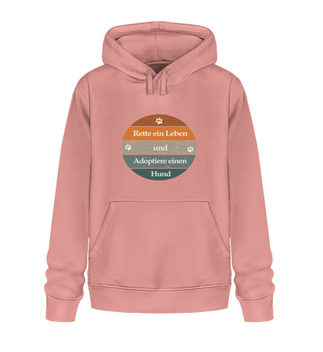 Rosa Hoodie mit Rette ein Leben und Adoptiere einen Hund – Ein veganer Hoodie aus Bio-Baumwolle, der Tierschutz fördert