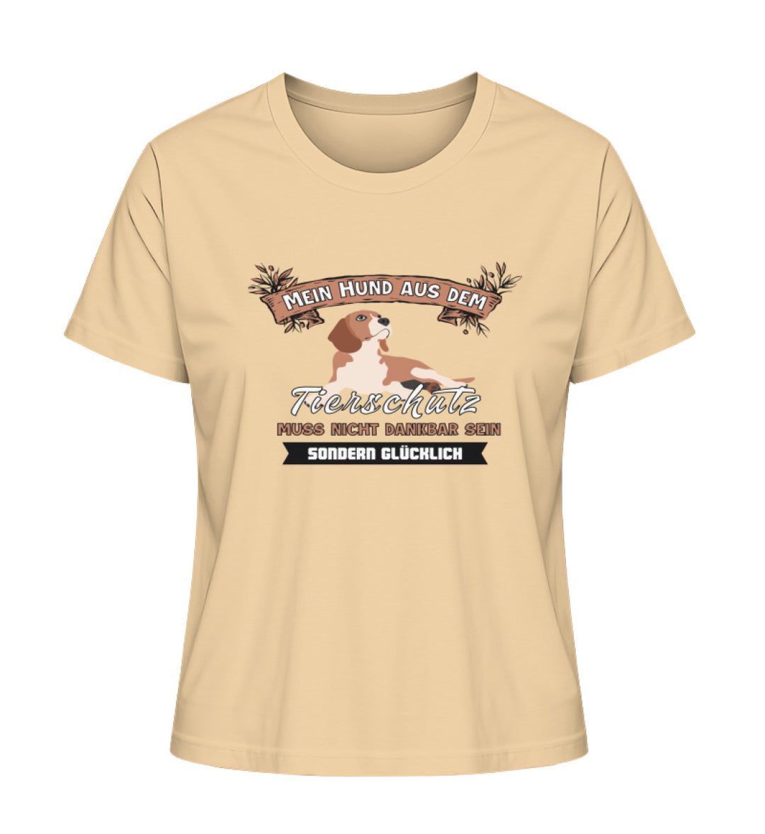 Für die Tierschutzhelden – Trage den Spruch - Mein Hund aus dem Tierschutz muss nicht dankbar, sondern glücklich sein. Auf diesem gelben Bio-Baumwoll-Shirt. Ein ideales Shirt für Menschen, die Hunde retten