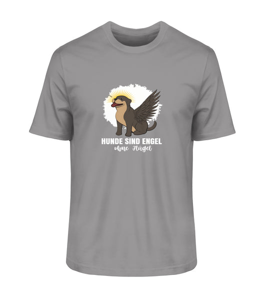 Mittelgraues Herren-T-Shirt mit dem liebevollen Spruch Hunde sind Engel ohne Flügel – aus nachhaltigem Material für Hundeliebhaber