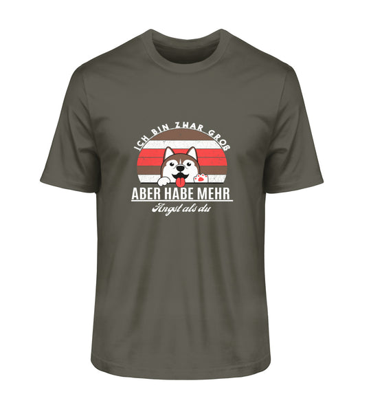 Khaki Herren-T-Shirt aus Bio-Baumwolle mit dem humorvollen Spruch Ich bin zwar groß, aber habe mehr Angst als du – für Tierschutzfreunde