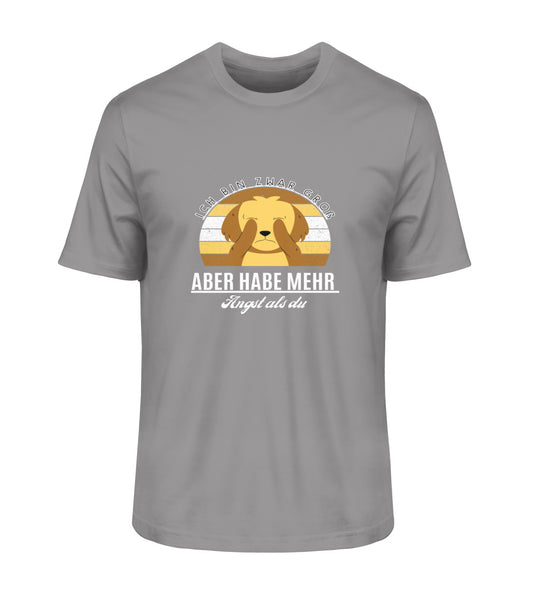 Mittelgraues Herren-Tierschutz-Shirt mit dem humorvollen Spruch Ich bin zwar groß, aber habe mehr Angst als du – aus nachhaltiger Bio-Baumwolle für Tierschutzfreunde