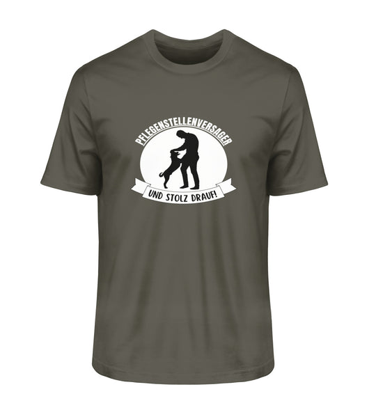 Herren T-Shirt in Khaki mit dem Spruch Pflegestellenversager und stolz drauf – aus veganer Bio-Baumwolle für Tierschützer