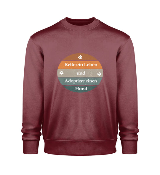 Rette ein Leben Sweatshirt in Burgunderrot – Setze ein starkes Zeichen für Hunde mit diesem aus Bio-Baumwolle gefertigten Sweatshirt