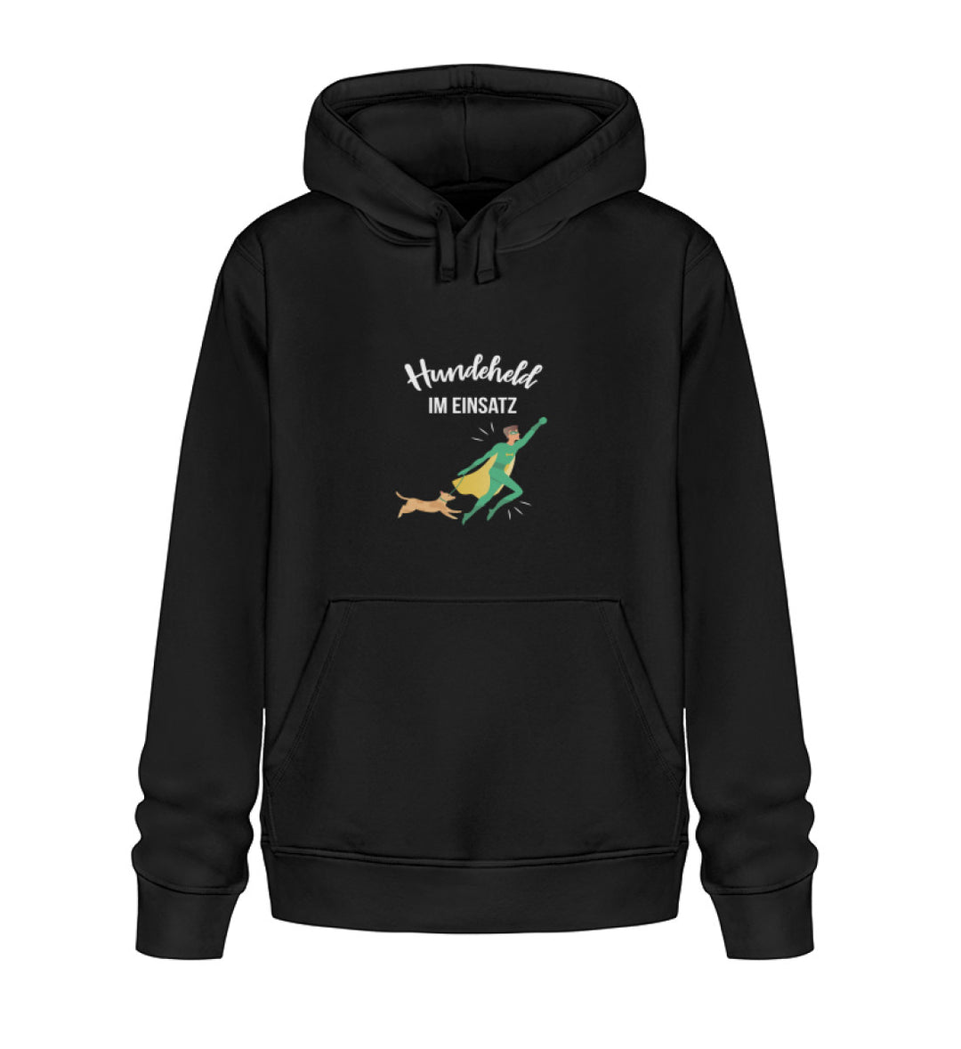 Schwarzer veganer Herren-Hoodie aus Bio-Baumwolle mit Hundeheld-Motiv