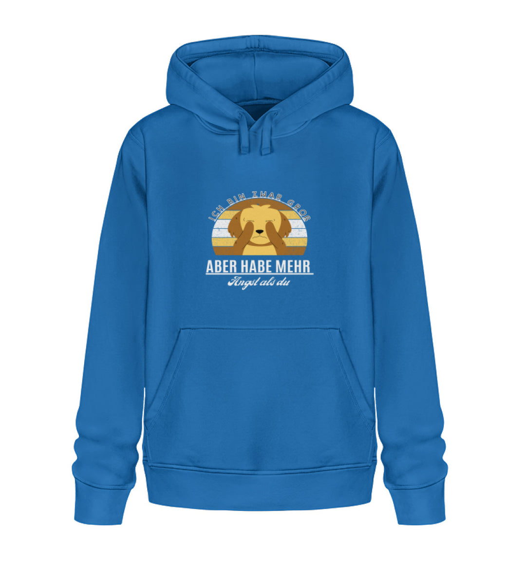 Veganer Herren-Hoodie aus Bio-Baumwolle in Blau mit dem Spruch 'Ich bin zwar groß, aber habe mehr Angst als du' – Design 2.