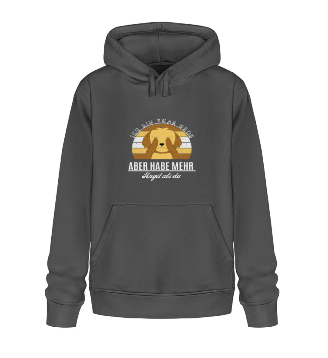 Veganer Herren-Hoodie aus Bio-Baumwolle in Dunkelgrau mit dem Spruch 'Ich bin zwar groß, aber habe mehr Angst als du' – Design 2
