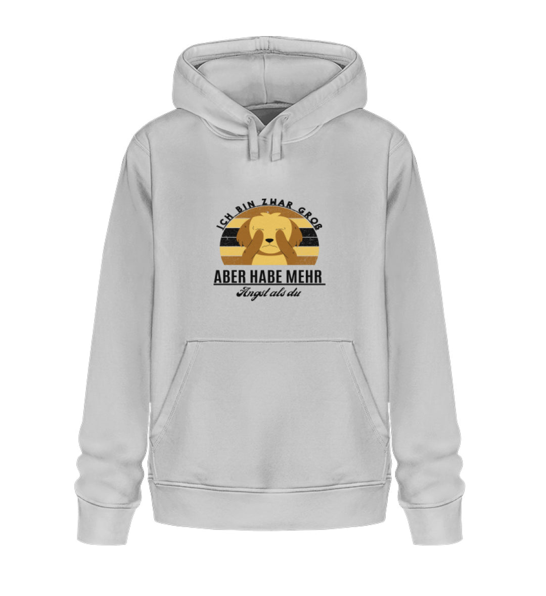 Hellgrauer Herren-Hoodie aus Bio-Baumwolle, vegan, mit dem Spruch 'Ich bin zwar groß, aber habe mehr Angst als du' – Design 2.“