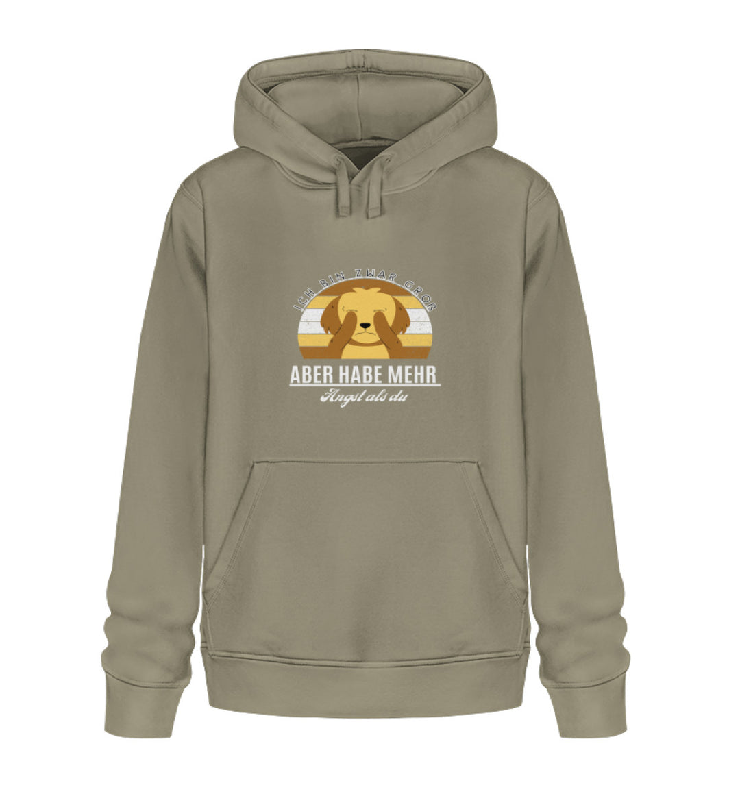 Veganer Herren-Hoodie aus Bio-Baumwolle in Khaki mit dem Spruch 'Ich bin zwar groß, aber habe mehr Angst als du' – Design 2