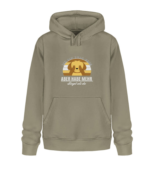Veganer Herren-Hoodie aus Bio-Baumwolle in Khaki mit dem Spruch 'Ich bin zwar groß, aber habe mehr Angst als du' – Design 2