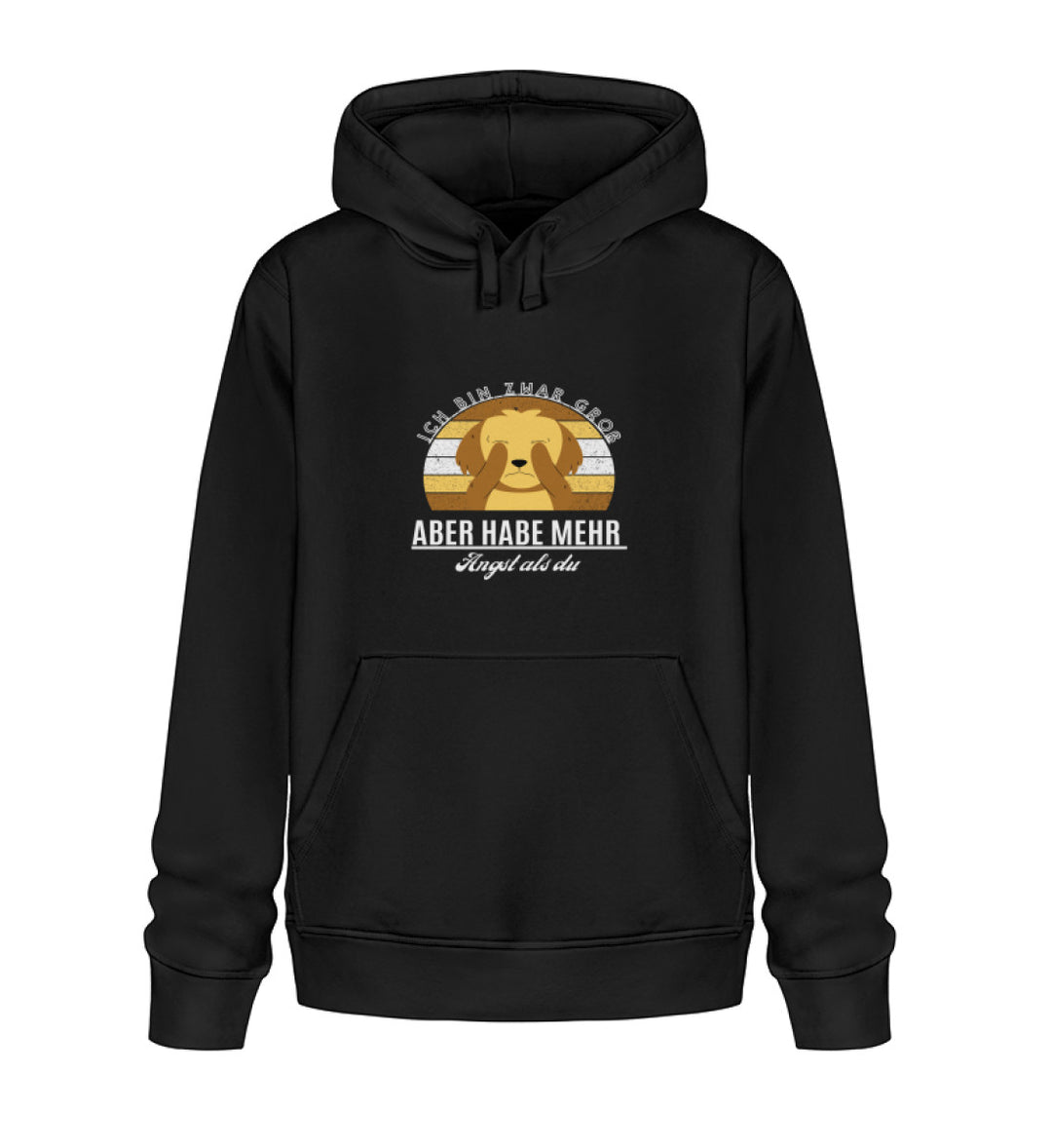 Veganer Herren-Hoodie aus Bio-Baumwolle in Schwarz mit dem Spruch 'Ich bin zwar groß, aber habe mehr Angst als du' – Design 2.