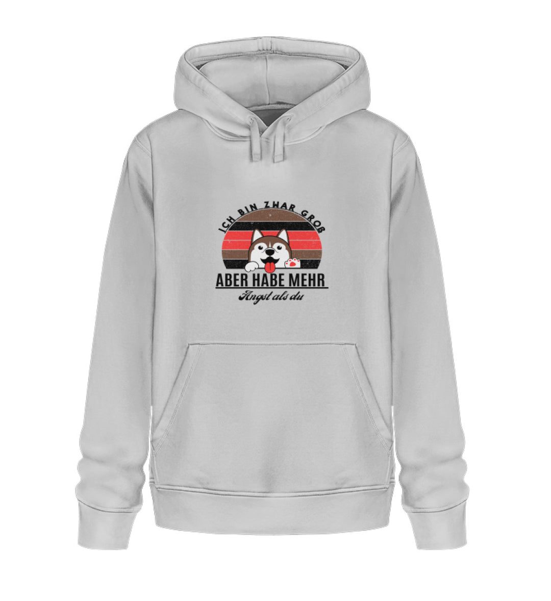 Hellgrauer veganer Herren-Hoodie aus Bio-Baumwolle mit dem Spruch - Ich bin zwar groß, aber habe mehr Angst als du.