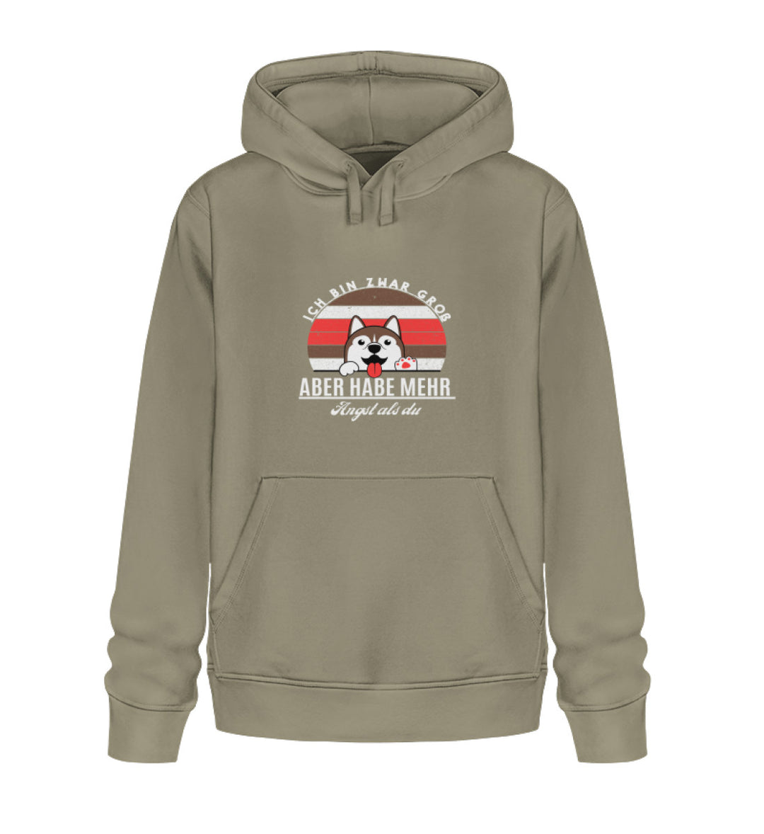 Veganer Herren-Hoodie aus Bio-Baumwolle in Khaki mit dem Motiv 'Ich bin zwar groß, aber habe mehr Angst als du'