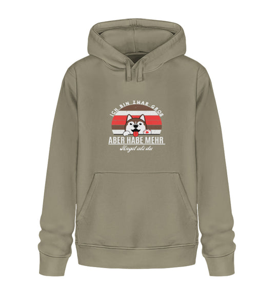 Veganer Herren-Hoodie aus Bio-Baumwolle in Khaki mit dem Motiv 'Ich bin zwar groß, aber habe mehr Angst als du'