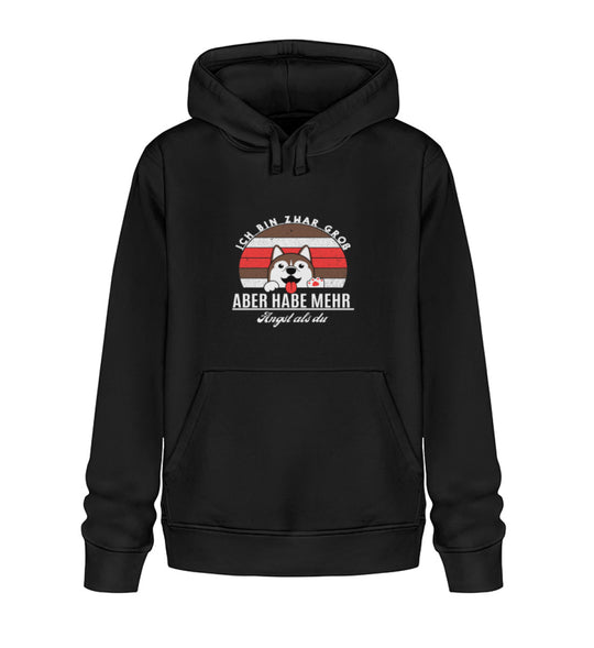 Veganer Herren-Hoodie aus Bio-Baumwolle in Schwarz mit dem Motiv 'Ich bin zwar groß, aber habe mehr Angst als du'