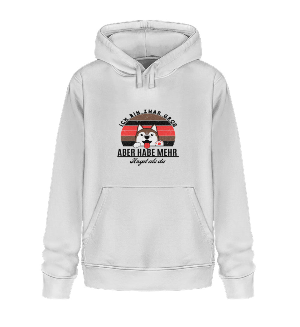 Weißer veganer Herren-Hoodie aus Bio-Baumwolle mit dem Spruch - Ich bin zwar groß, aber habe mehr Angst als du.