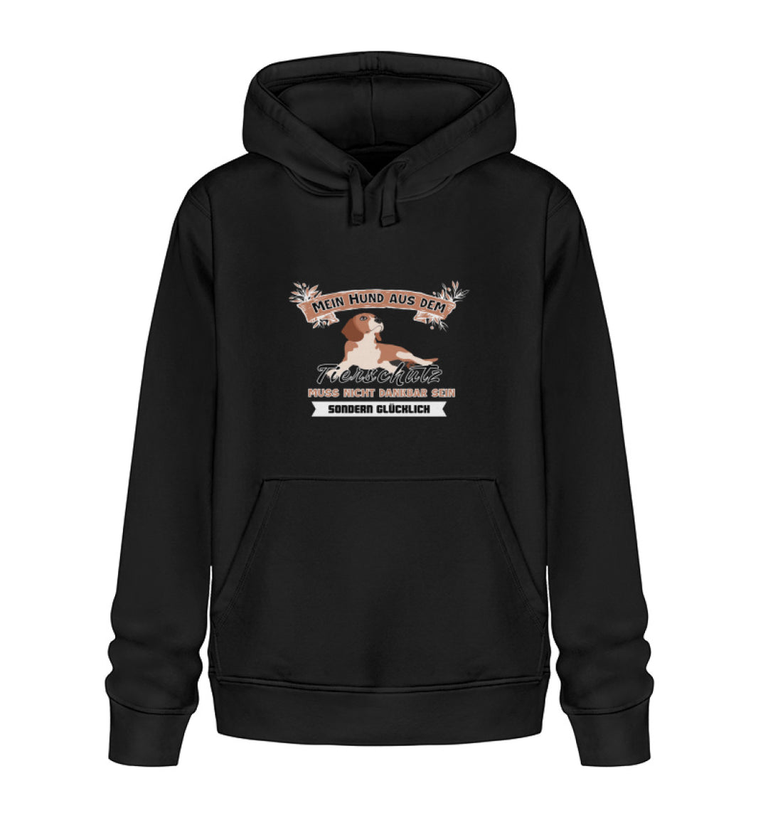 Schwarzer Herren-Hoodie aus Bio-Baumwolle mit dem kraftvollen Design 'Mein Hund aus dem Tierschutz muss nicht dankbar sein, sondern glücklich' 