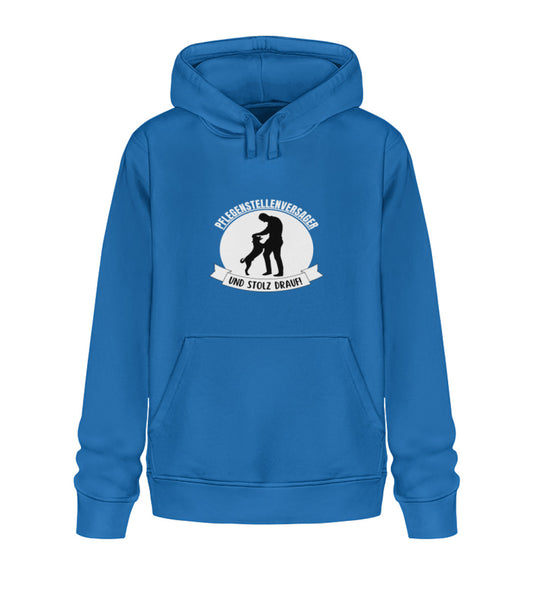 Blauer veganer Herren-Hoodie aus Bio-Baumwolle mit Pflegestellenversager-Motiv