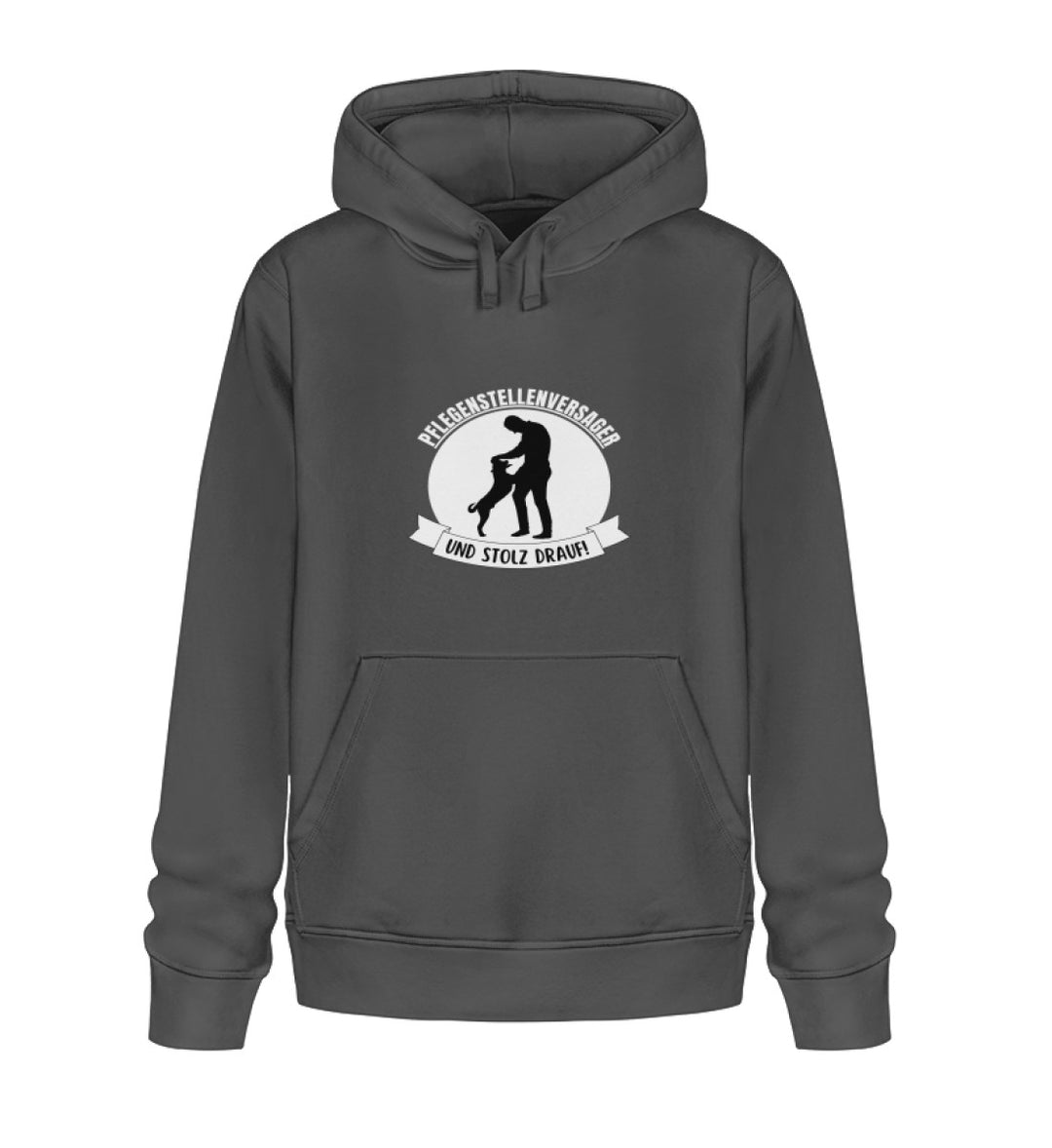 Herren-Hoodie in Dunkelgrau – vegan und aus Bio-Baumwolle, mit dem auffälligen „Pflegestellenversager“-Design