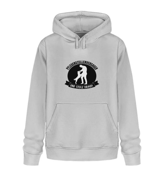 Veganer Herren-Hoodie in Hellgrau aus Bio-Baumwolle mit Pflegestellenversager und stolz drauf-Design