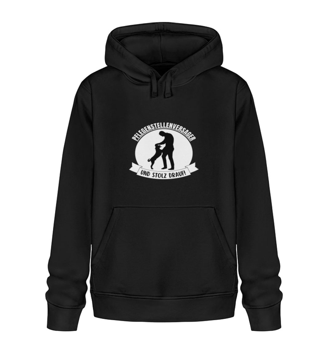 Schwarzer veganer Herren-Hoodie aus Bio-Baumwolle mit Pflegestellenversager-Motiv