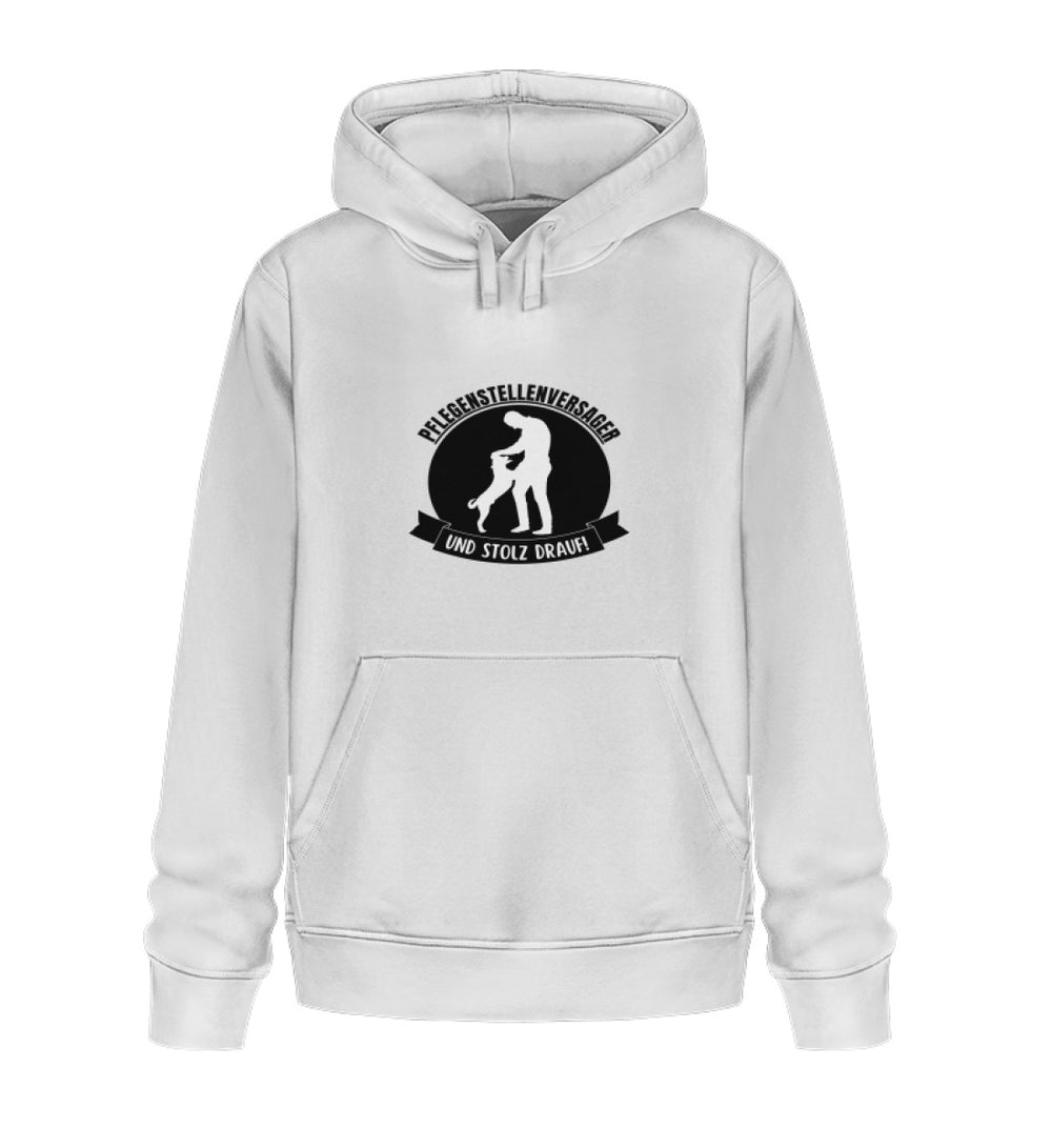 Veganer Herren-Hoodie in Weiß aus Bio-Baumwolle mit Pflegestellenversager und stolz drauf-Design