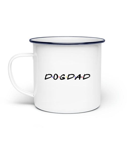 Weiße Emaille Tasse Dogdad (300 ml) – Das perfekte Geschenk für Hundepapas, die ihren Hund über alles lieben. Henkel links.