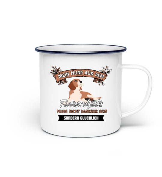 Emaille Becher (300 ml) Mein Hund aus dem Tierschutz – für alle, die einem Hund ein neues Leben geschenkt haben. Henkel rechts. Robuste ORCA-Beschichtung für langanhaltende Farben.
