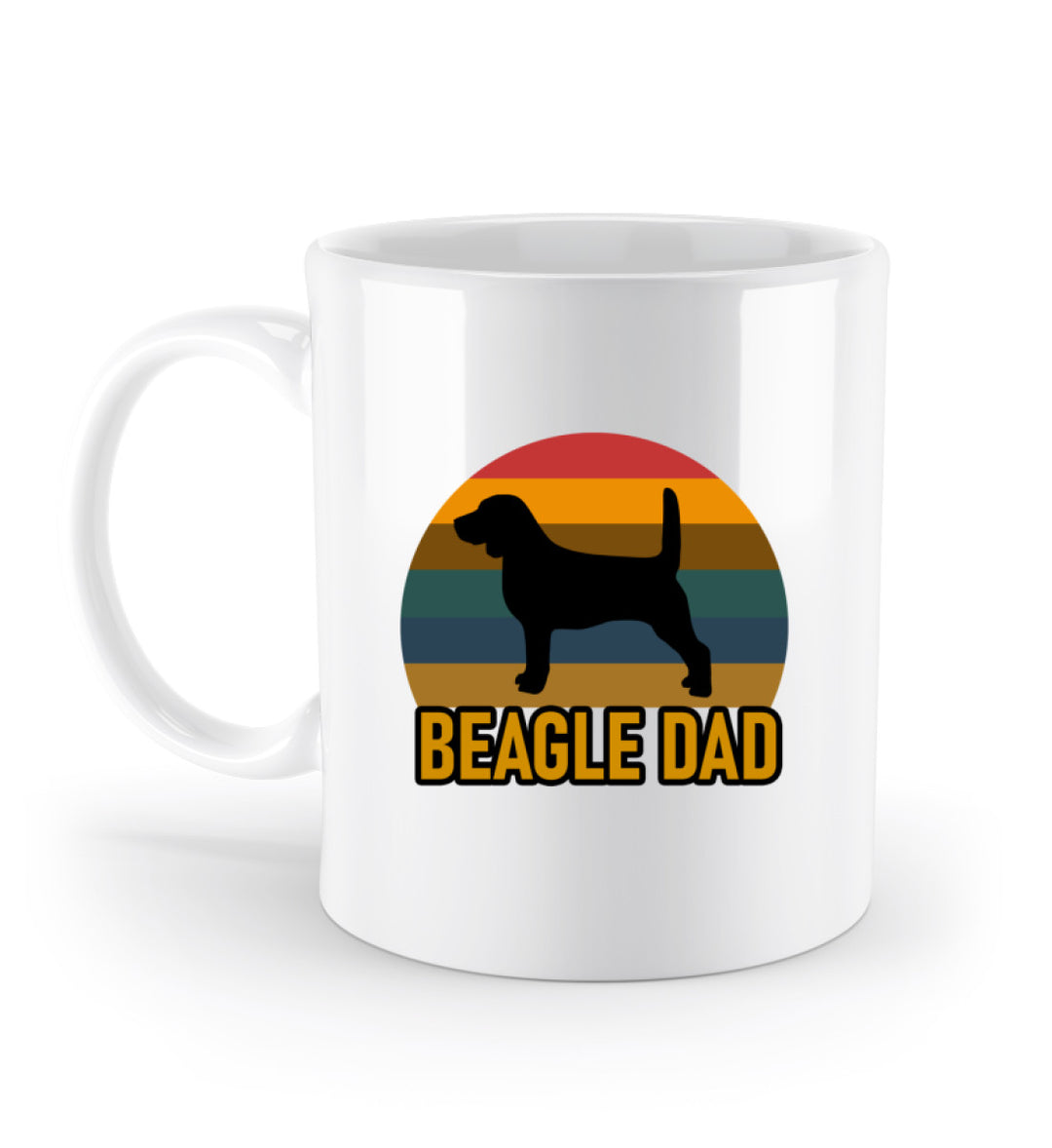 Weiße Keramik-Tasse (330 ml) mit dem Schriftzug Beagle Dad und einem Beagle-Hund. Perfekt für Beagle-Liebhaber und Tierschutz-Fans. Henkel links.