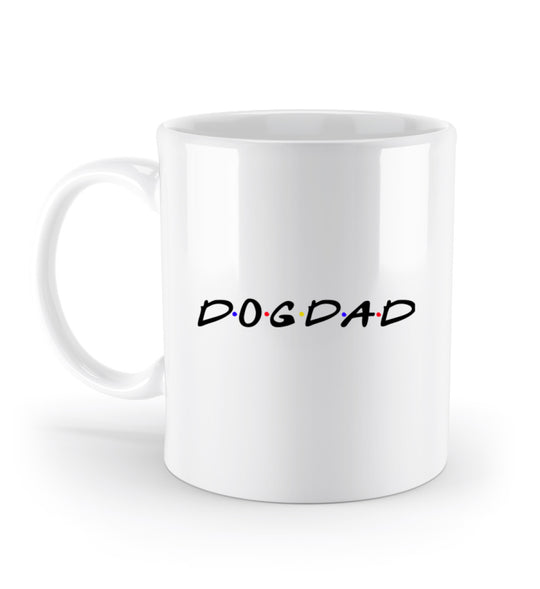 Weiße Keramik Tasse (330 ml) mit dem Schriftzug Dogdad – perfekt für Hundeväter, die ihre Liebe zu ihrem Hund zeigen möchten. Henkel links.