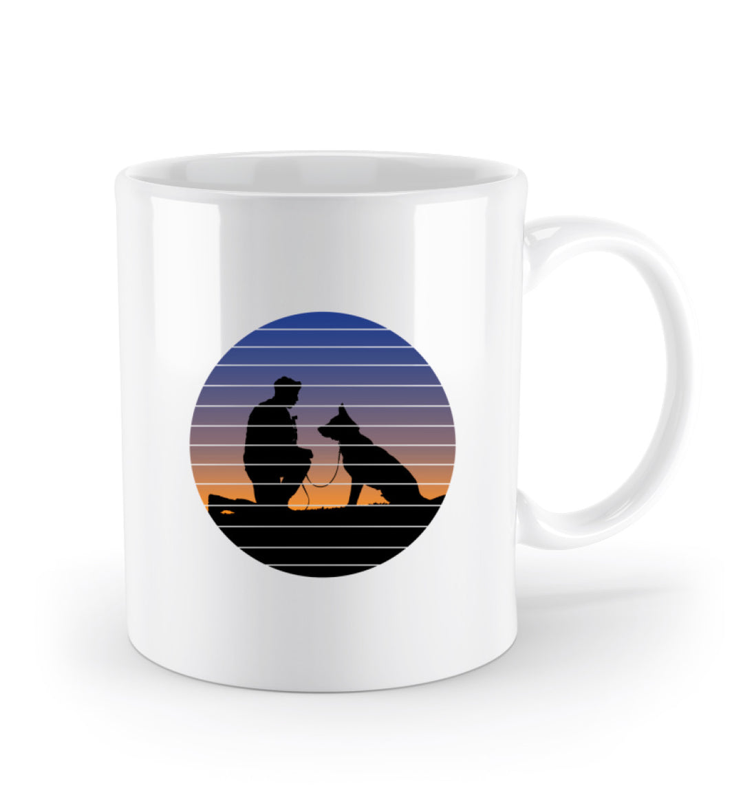 Keramik Tasse (330 ml) mit einem Schäferhund und einem Mann, die gemeinsam das Thema Hundeliebe verkörpern. Motiv auf einer Seite, Henkel rechts.